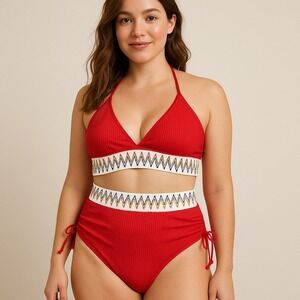 Womens Bikini Set Size L Red Knit High Waist Boho Chic Beach Swimwear‎ Summer